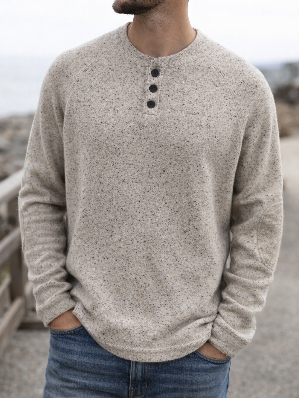 Saks Fifth Avenue Cashmere Sweater Mens L Beige Flecked Henley Elbow Patch